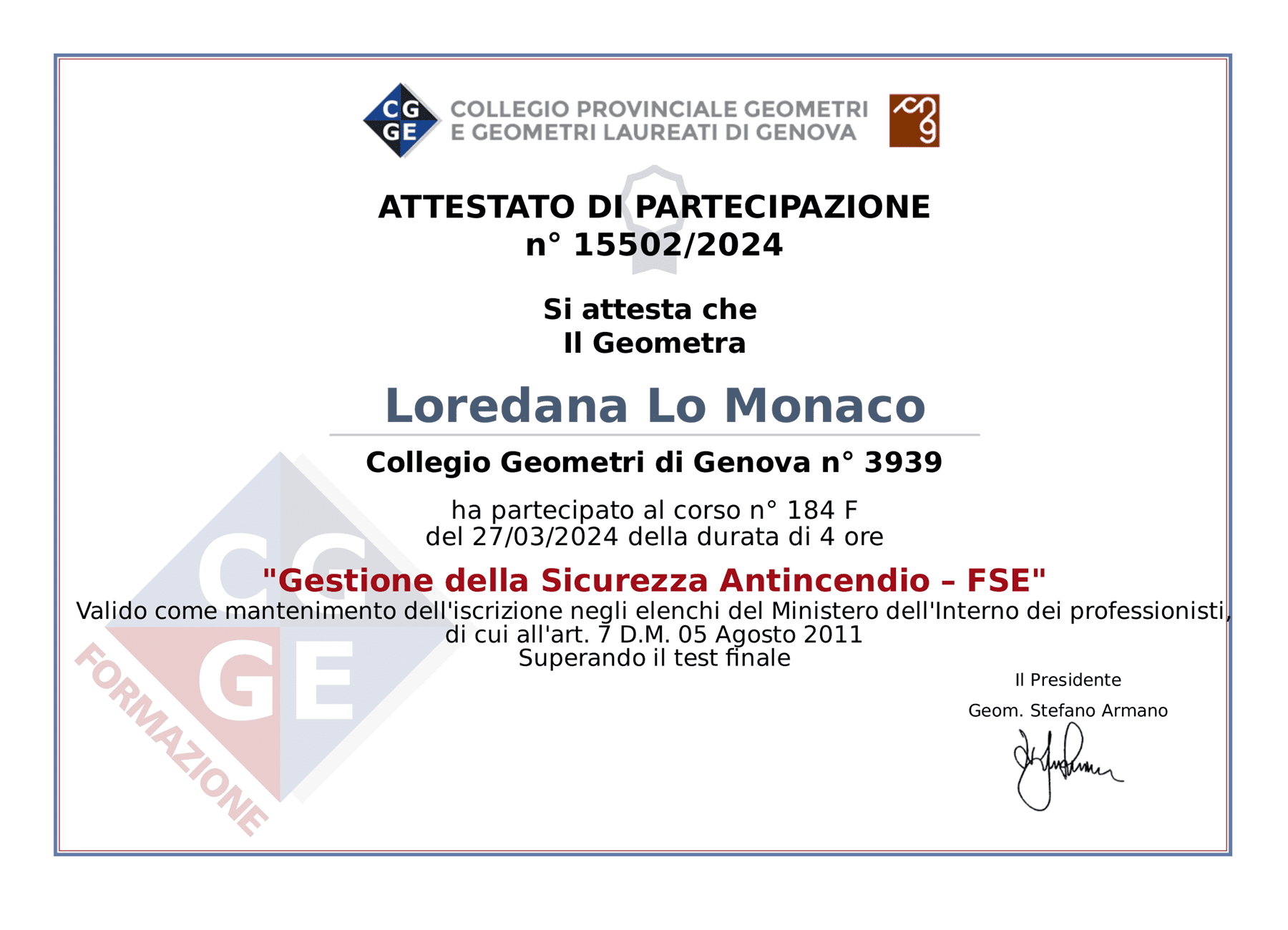 aggiornamento p.i. ingegneria antincendio 2 - Geometra Loredana Lo Monaco - Genova
